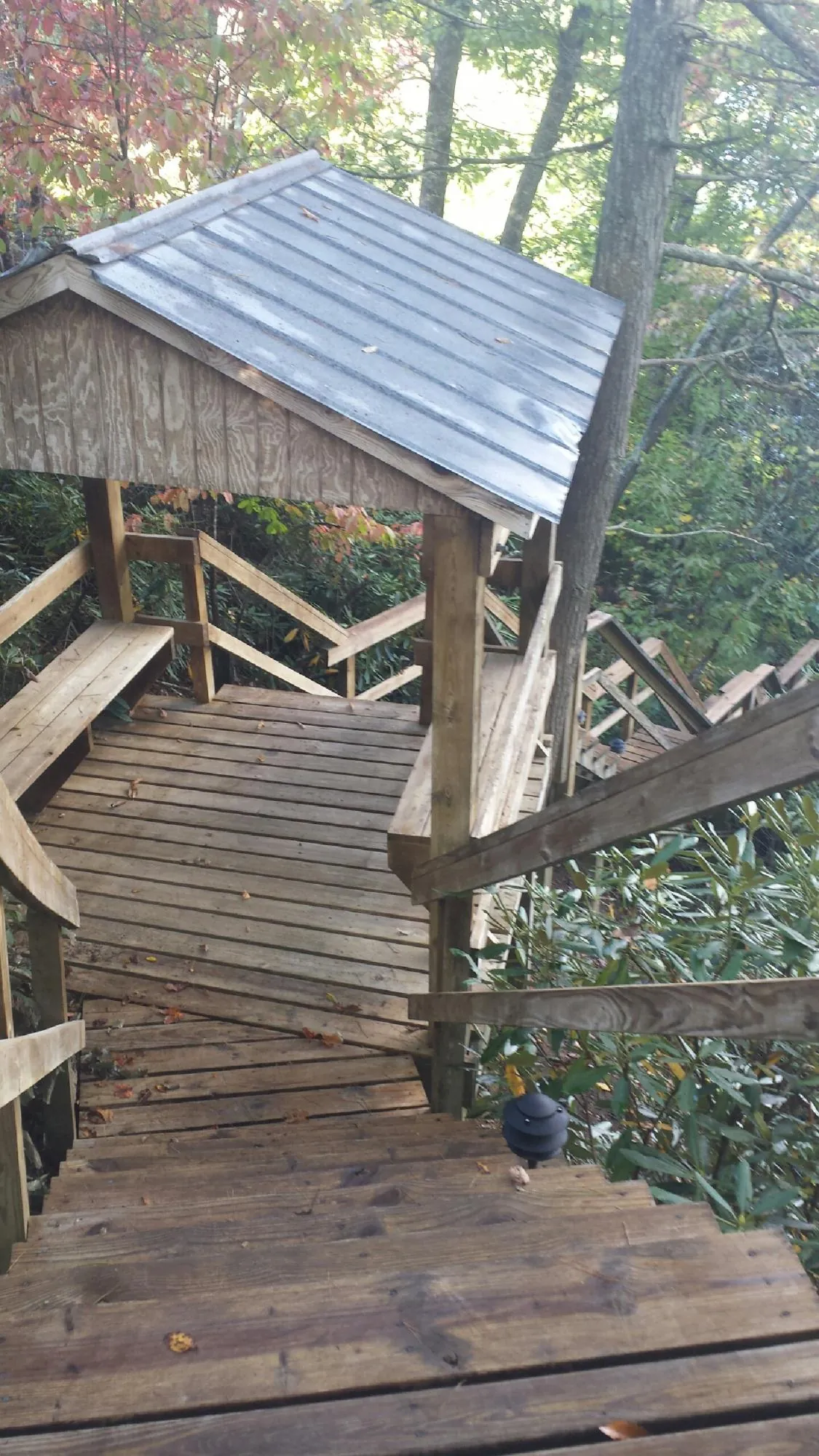 Metal roofed shelter over wooden steps on a wooded walkway — Skylight Repair & Installation work by our crew in Odenville